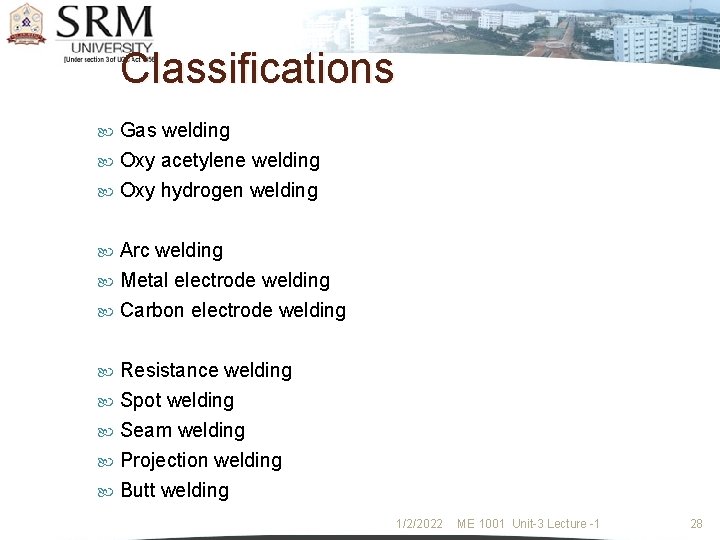 Classifications Gas welding Oxy acetylene welding Oxy hydrogen welding Arc welding Metal electrode welding