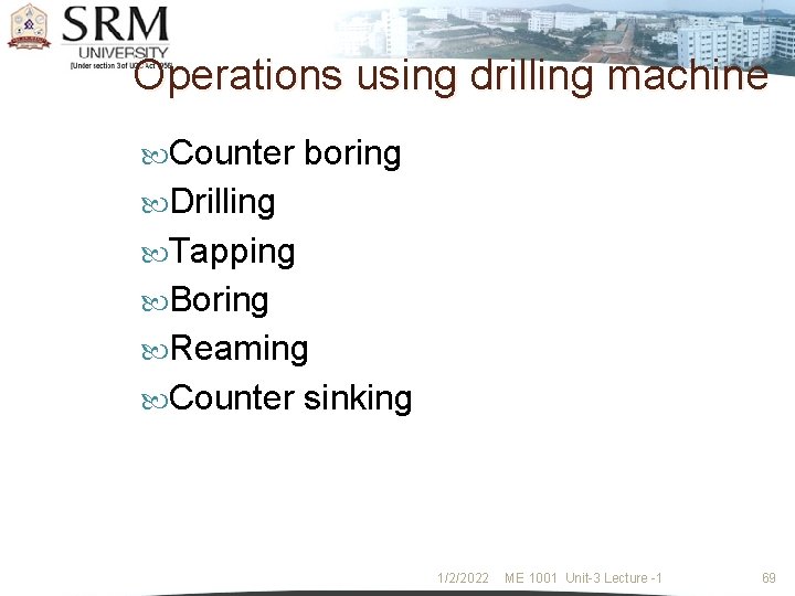 Operations using drilling machine Counter boring Drilling Tapping Boring Reaming Counter sinking 1/2/2022 ME