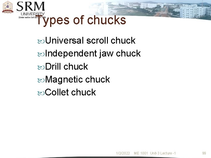 Types of chucks Universal scroll chuck Independent jaw chuck Drill chuck Magnetic chuck Collet
