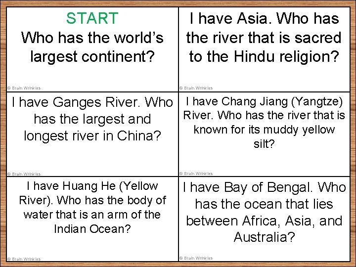 START Who has the world’s largest continent? © Brain Wrinkles I have Asia. Who START Who has the world’s largest continent? © Brain Wrinkles I have Asia. Who