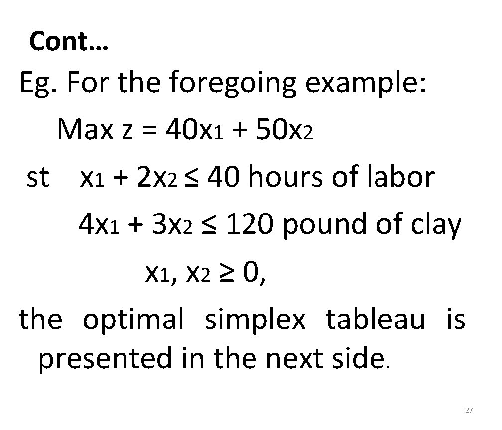 Cont… Eg. For the foregoing example: Max z = 40 x 1 + 50