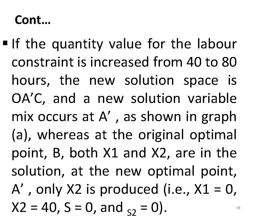 Cont… § If the quantity value for the labour constraint is increased from 40