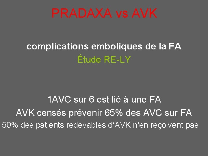 PRADAXA vs AVK complications emboliques de la FA Étude RE-LY 1 AVC sur 6