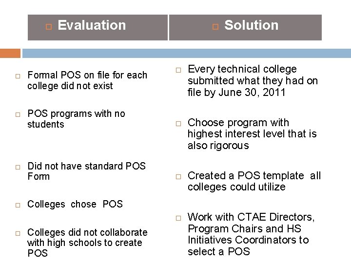  Evaluation Formal POS on file for each college did not exist POS programs