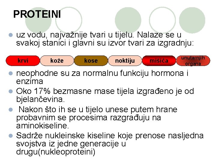 PROTEINI l uz vodu, najvažnije tvari u tijelu. Nalaze se u svakoj stanici i