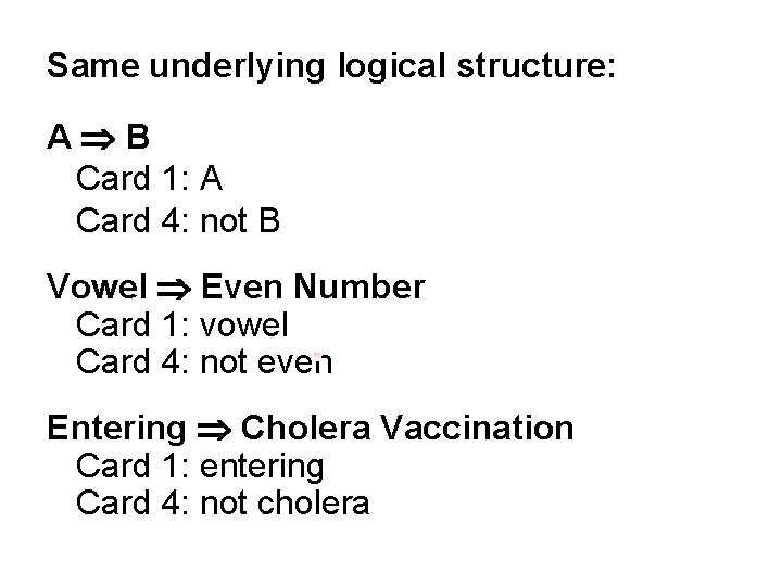 Same underlying logical structure: A B Card 1: A Card 4: not B Vowel Same underlying logical structure: A B Card 1: A Card 4: not B Vowel