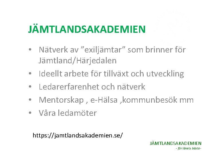 JÄMTLANDSAKADEMIEN • Nätverk av ”exiljämtar” som brinner för Jämtland/Härjedalen • Ideellt arbete för tillväxt