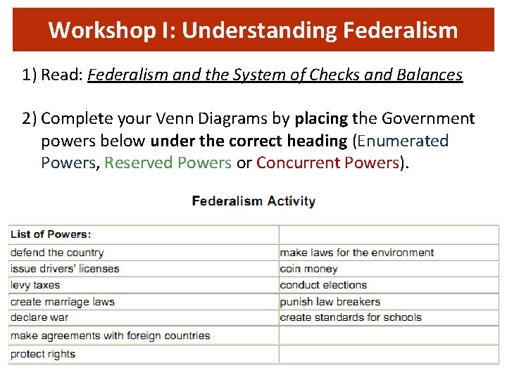 Workshop I: Understanding Federalism 1) Read: Federalism and the System of Checks and Balances