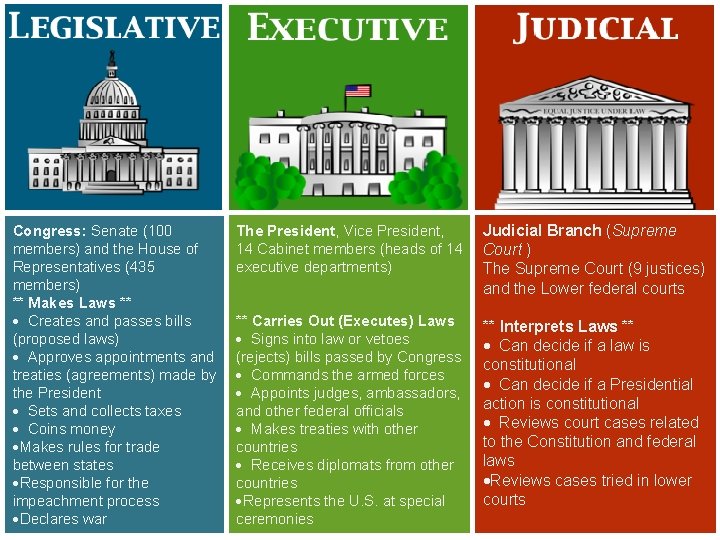 Congress: Senate (100 members) and the House of Representatives (435 members) ** Makes Laws
