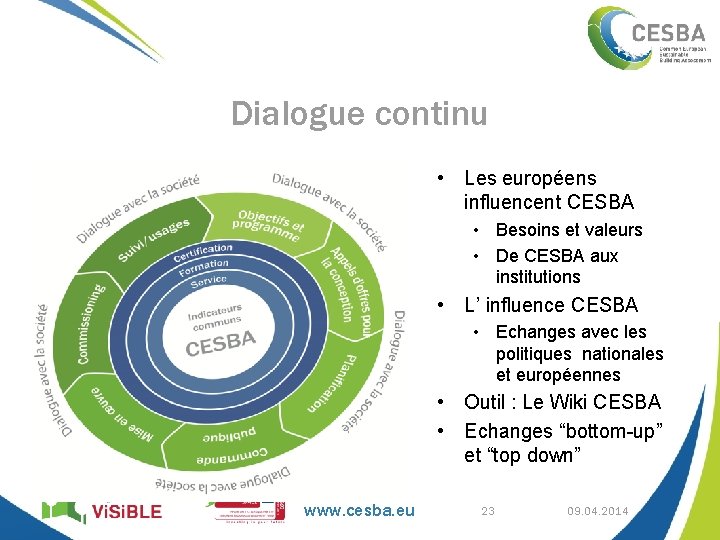 Dialogue continu • Les européens influencent CESBA • Besoins et valeurs • De CESBA