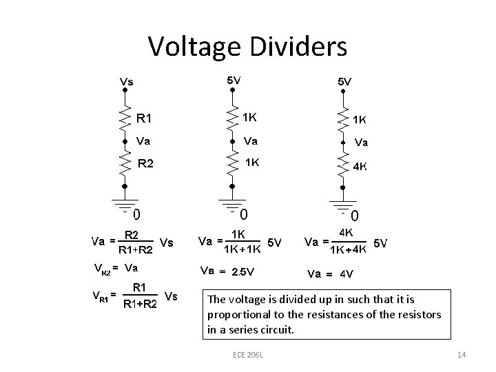 Voltage Dividers The voltage is divided up in such that it is proportional to