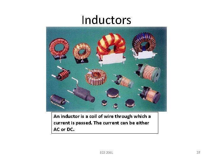 Inductors An inductor is a coil of wire through which a current is passed.