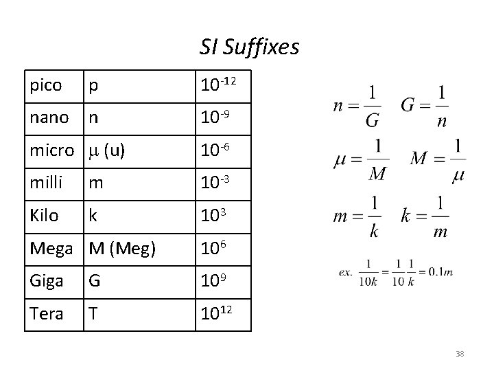 SI Suffixes pico p 10 -12 nano n 10 -9 micro (u) 10 -6
