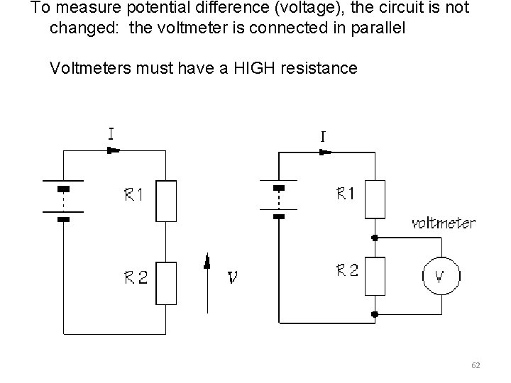 To measure potential difference (voltage), the circuit is not changed: the voltmeter is connected