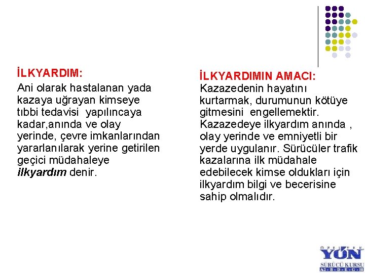 İLKYARDIM: Ani olarak hastalanan yada kazaya uğrayan kimseye tıbbi tedavisi yapılıncaya kadar, anında ve