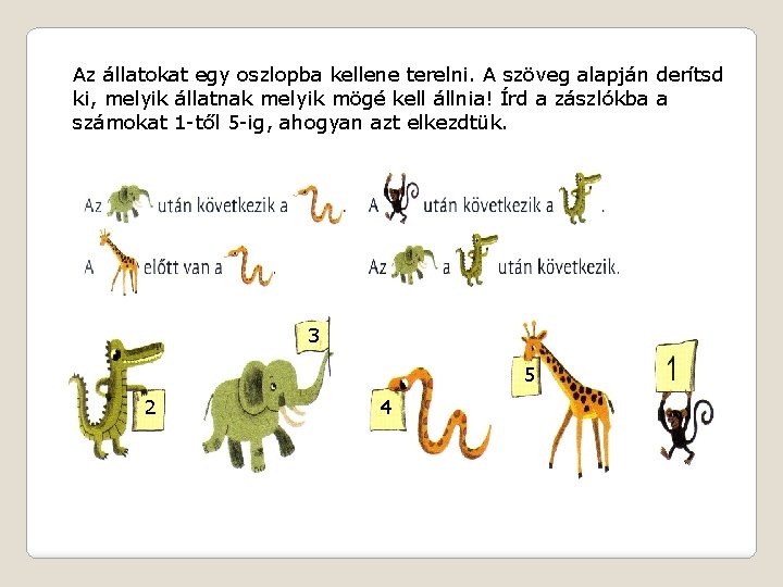 Az állatokat egy oszlopba kellene terelni. A szöveg alapján derítsd ki, melyik állatnak melyik