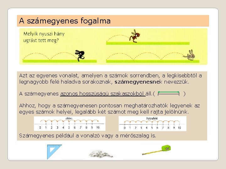 A számegyenes fogalma Azt az egyenes vonalat, amelyen a számok sorrendben, a legkisebbtől a