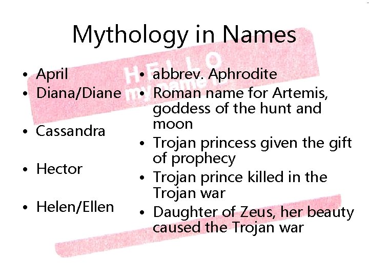 Mythology in Names • April • Diana/Diane • Cassandra • Hector • Helen/Ellen •
