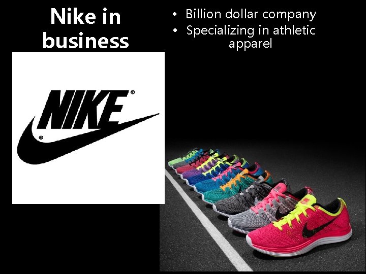 Nike in business • Billion dollar company • Specializing in athletic apparel 