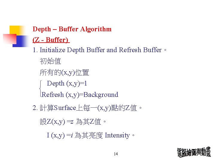 Depth – Buffer Algorithm (Z - Buffer) 1. Initialize Depth Buffer and Refresh Buffer。