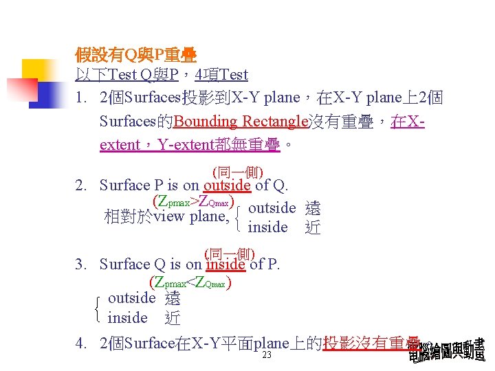 假設有Q與P重疊 以下Test Q與P，4項Test 1. 2個Surfaces投影到X-Y plane，在X-Y plane上2個 Surfaces的Bounding Rectangle沒有重疊，在Xextent，Y-extent都無重疊。 (同一側) 2. Surface P is