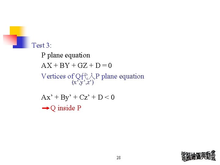 Test 3: P plane equation AX + BY + GZ + D = 0