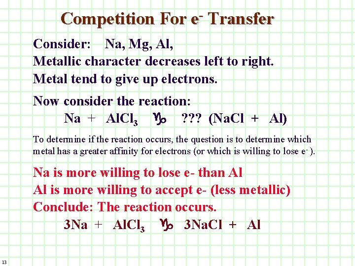 Competition For e- Transfer Consider: Na, Mg, Al, Metallic character decreases left to right.