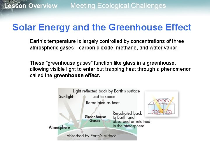 Lesson Overview Meeting Ecological Challenges Solar Energy and the Greenhouse Effect Earth’s temperature is