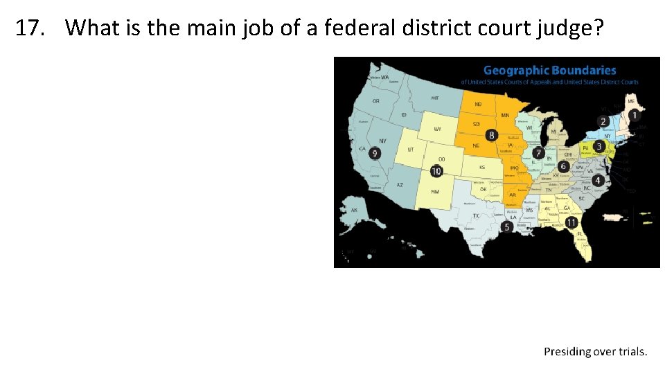 17. What is the main job of a federal district court judge? 