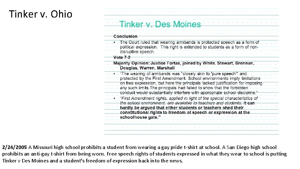 Tinker v. Ohio 2/24/2005 A Missouri high school prohibits a student from wearing a