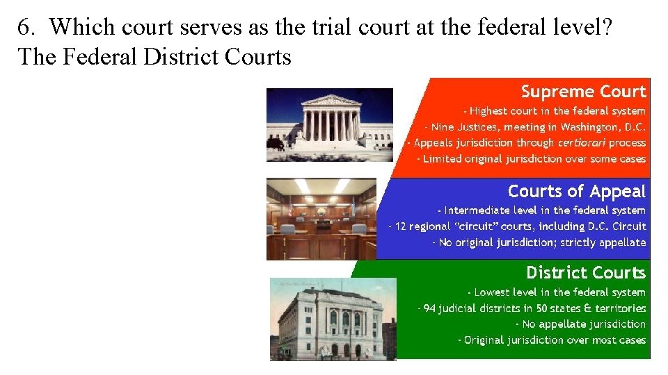 6. Which court serves as the trial court at the federal level? The Federal