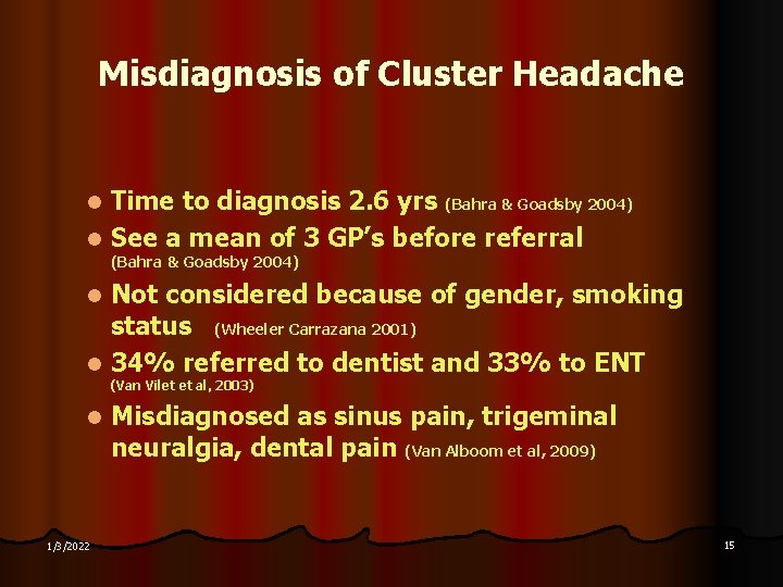 Misdiagnosis of Cluster Headache Time to diagnosis 2. 6 yrs (Bahra & Goadsby 2004)