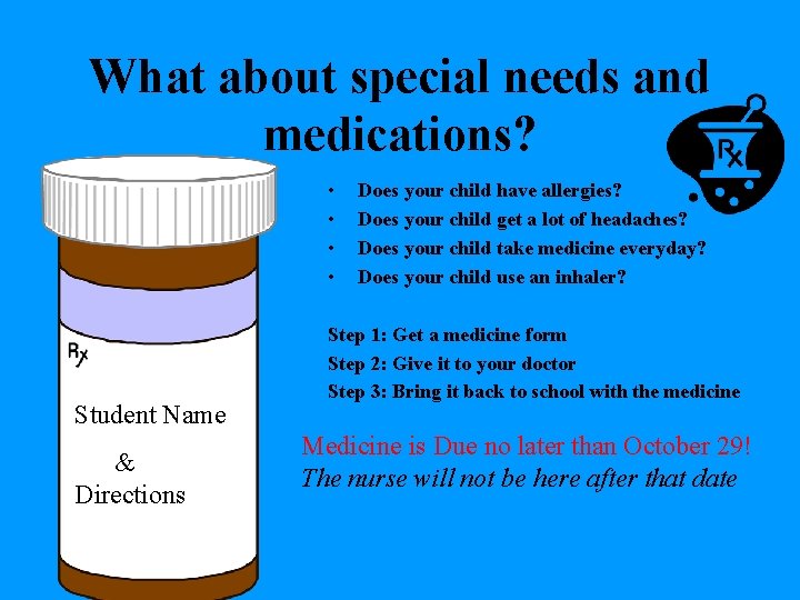 What about special needs and medications? • • Student Name & Directions Does your