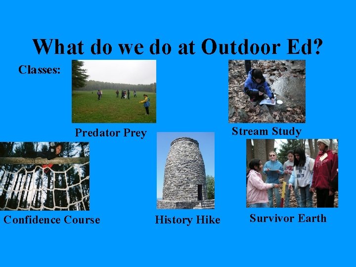 What do we do at Outdoor Ed? Classes: Stream Study Predator Prey Confidence Course