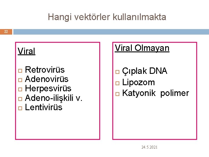 Hangi vektörler kullanılmakta 22 Viral Retrovirüs Adenovirüs Herpesvirüs Adeno-ilişkili v. Lentivirüs Viral Olmayan Çıplak