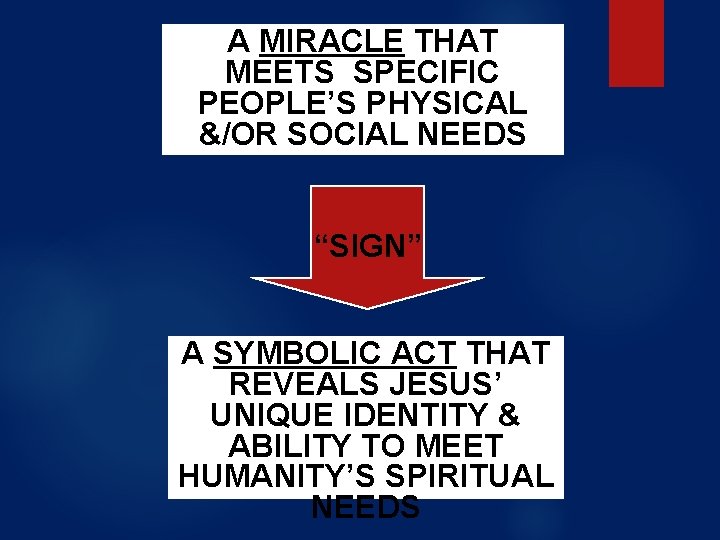 A MIRACLE THAT MEETS SPECIFIC PEOPLE’S PHYSICAL &/OR SOCIAL NEEDS “SIGN” A SYMBOLIC ACT