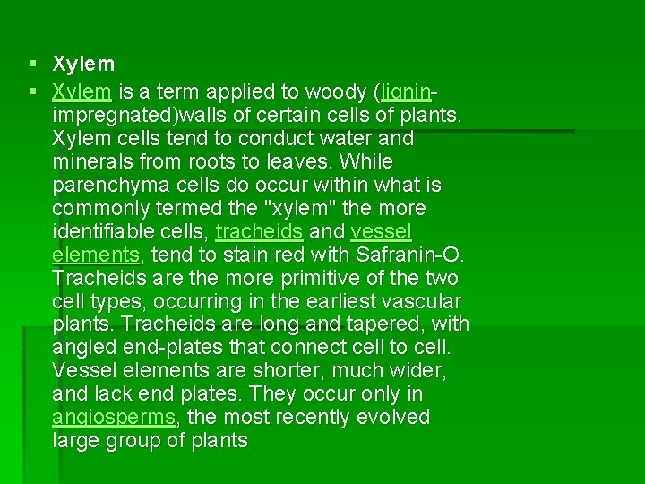 § Xylem is a term applied to woody (ligninimpregnated)walls of certain cells of plants.