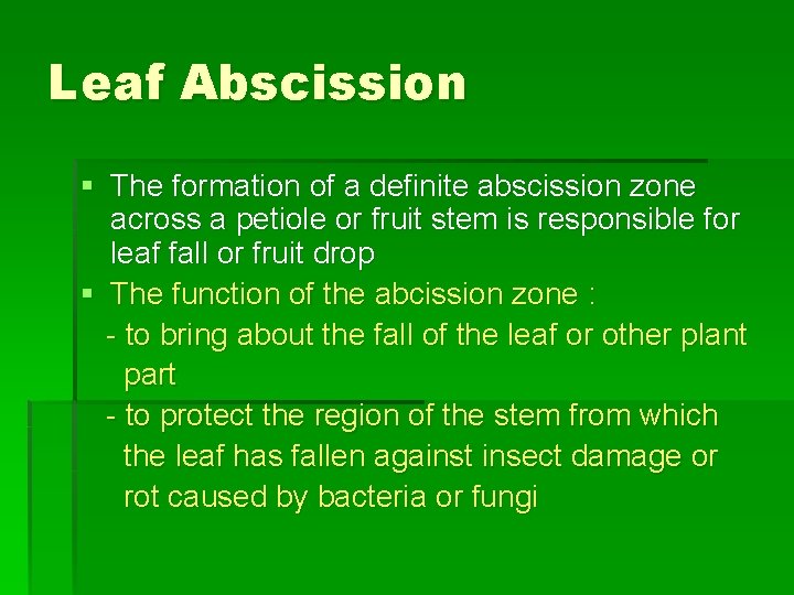 Leaf Abscission § The formation of a definite abscission zone across a petiole or