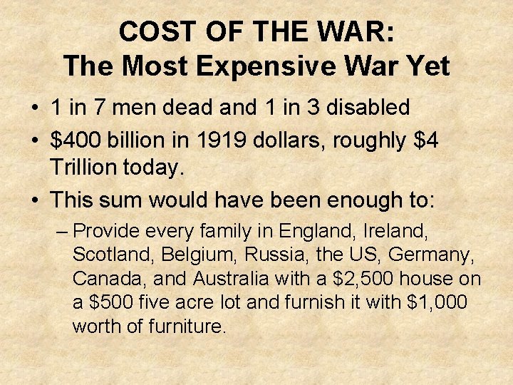 COST OF THE WAR: The Most Expensive War Yet • 1 in 7 men