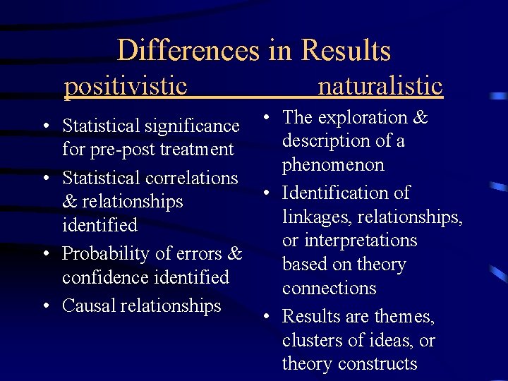 Differences in Results positivistic • Statistical significance for pre-post treatment • Statistical correlations & Differences in Results positivistic • Statistical significance for pre-post treatment • Statistical correlations &
