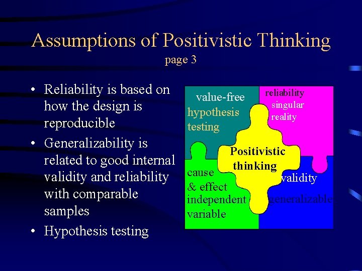 Assumptions of Positivistic Thinking page 3 • Reliability is based on how the design Assumptions of Positivistic Thinking page 3 • Reliability is based on how the design