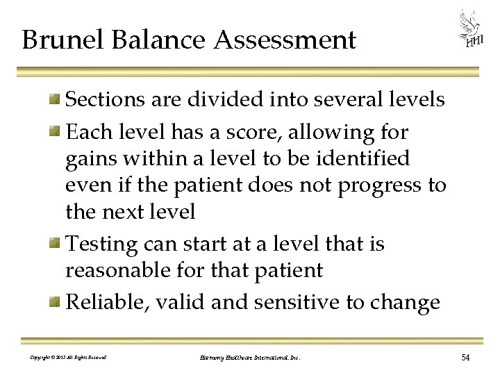 Brunel Balance Assessment Sections are divided into several levels Each level has a score,