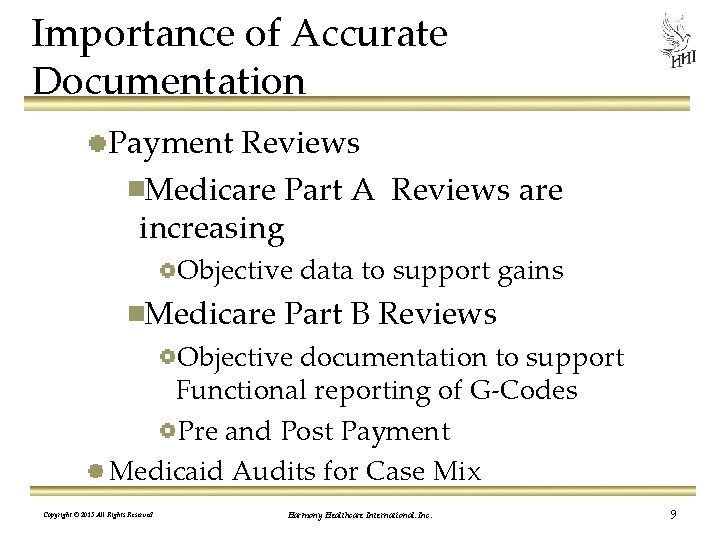 Importance of Accurate Documentation Payment Reviews Medicare Part A Reviews are increasing Objective data