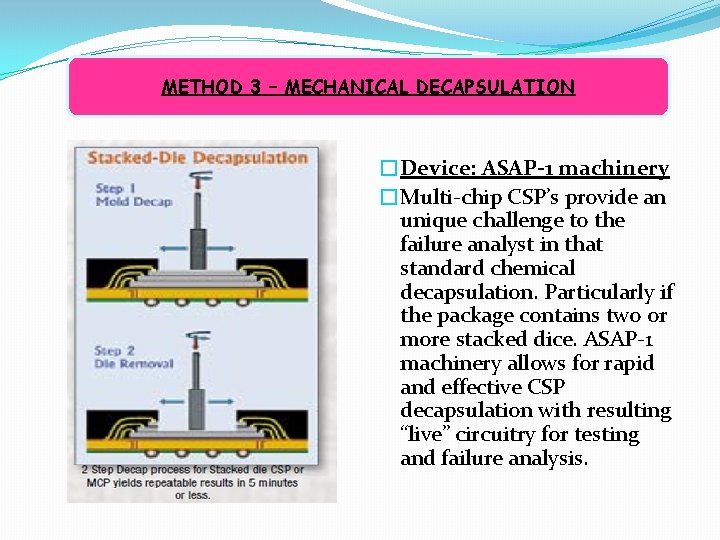 METHOD 3 – MECHANICAL DECAPSULATION �Device: ASAP-1 machinery �Multi-chip CSP’s provide an unique challenge