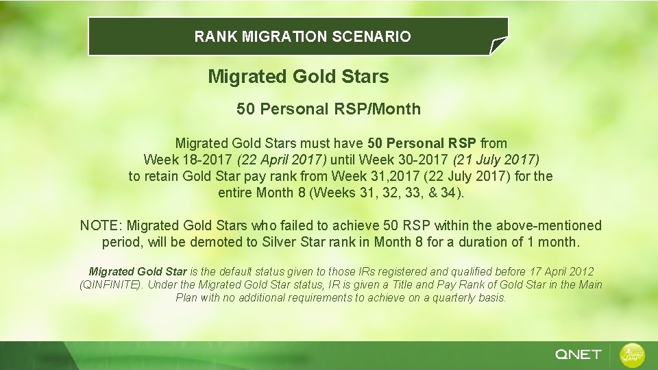 RANK MIGRATION SCENARIO Migrated Gold Stars 50 Personal RSP/Month Migrated Gold Stars must have