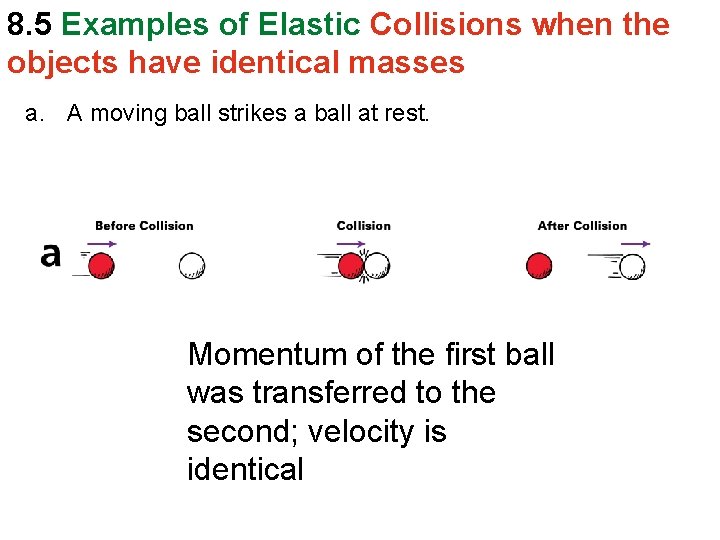 8. 5 Examples of Elastic Collisions when the objects have identical masses a. A