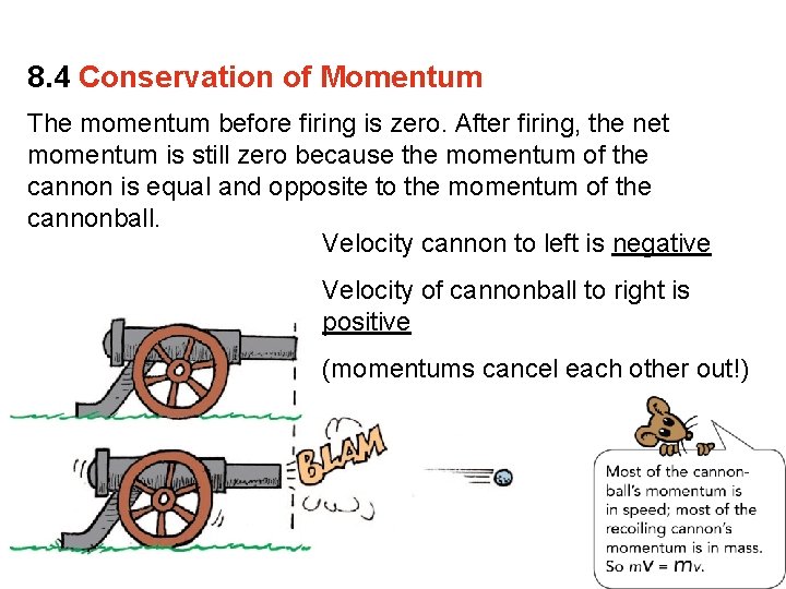 8. 4 Conservation of Momentum The momentum before firing is zero. After firing, the