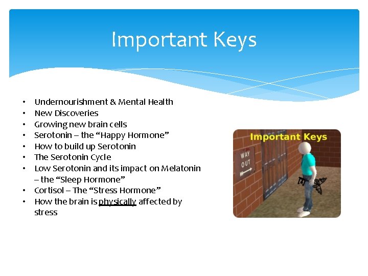 Important Keys Undernourishment & Mental Health New Discoveries Growing new brain cells Serotonin –