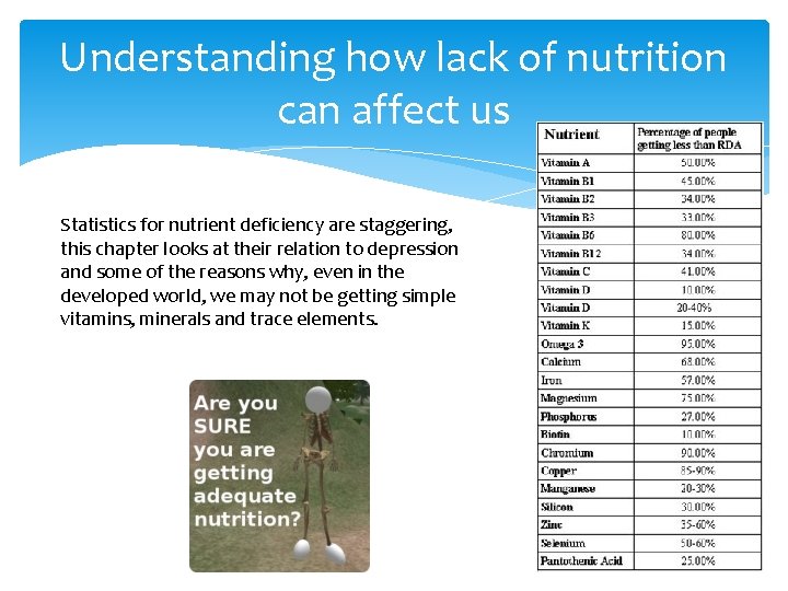 Understanding how lack of nutrition can affect us Statistics for nutrient deficiency are staggering,