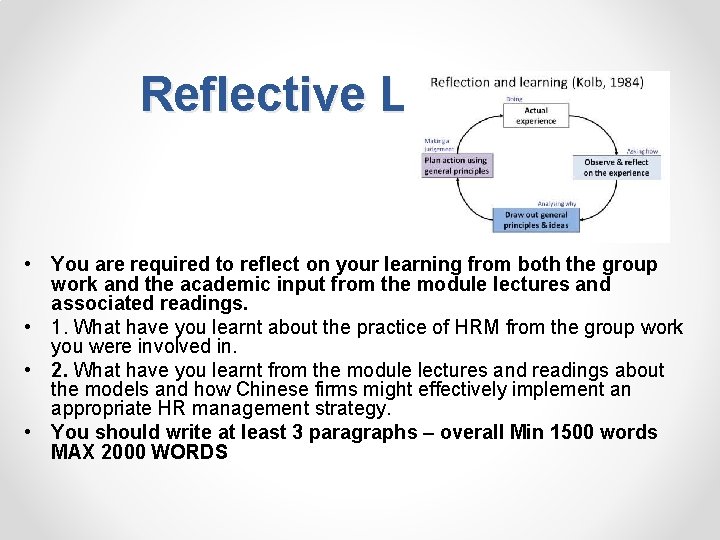 Reflective Learning • You are required to reflect on your learning from both the